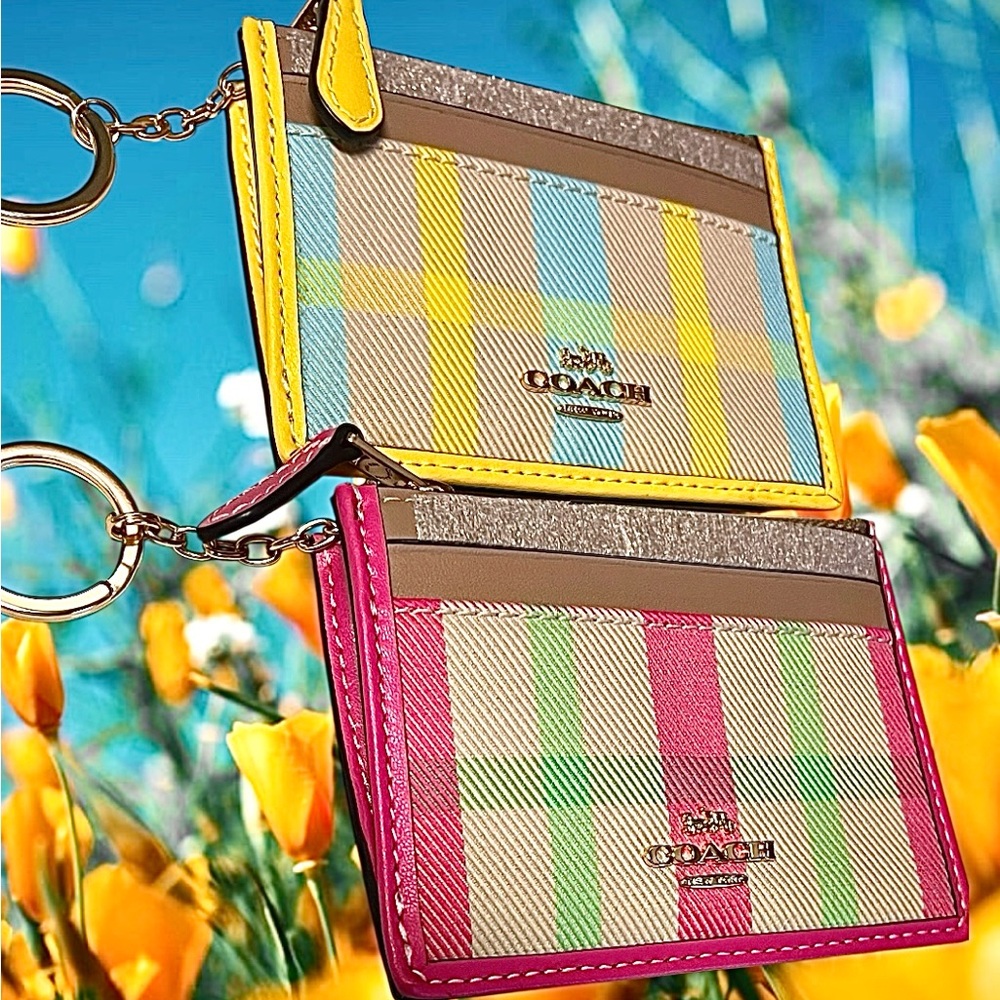 Coach NWT Leather &Canvas CHOOSE PINK orYELLOW Slim Plaid Card Holder/keychain - Picture 5 of 14